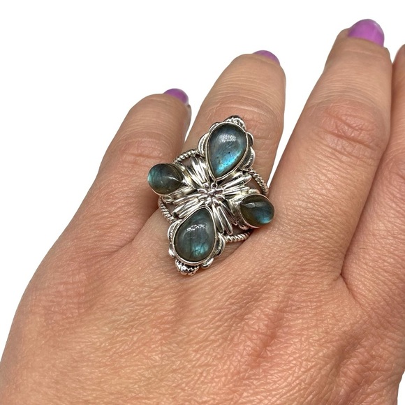 Blue Fire Flash Labradorite Ring Size 7.5 Solid Sterling Silver 925 Statement - Picture 3 of 12